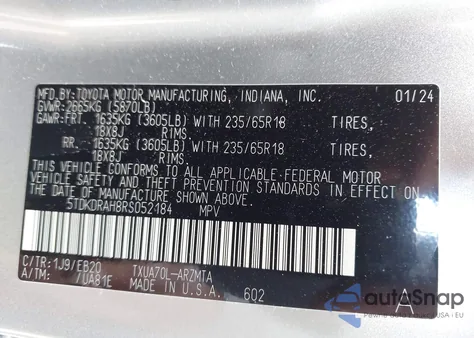 2024 Toyota Highlander Xle из США, поврежденный, VIN 5TDKDRAH8RS052184